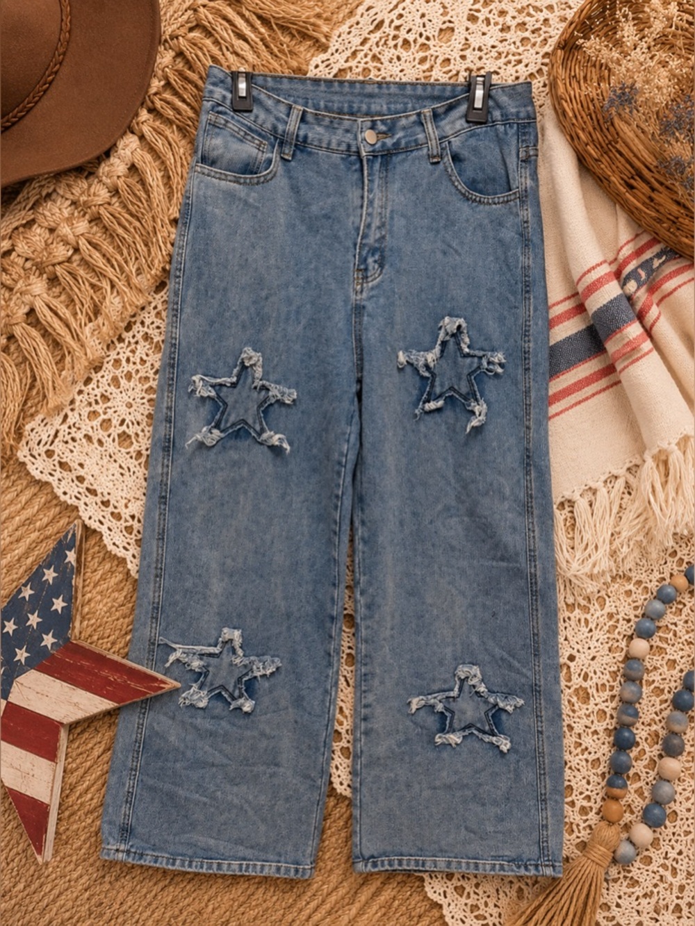 Y2K Star Patch Wide Leg Jeans Womens Size L High Rise Light Wash Distressed